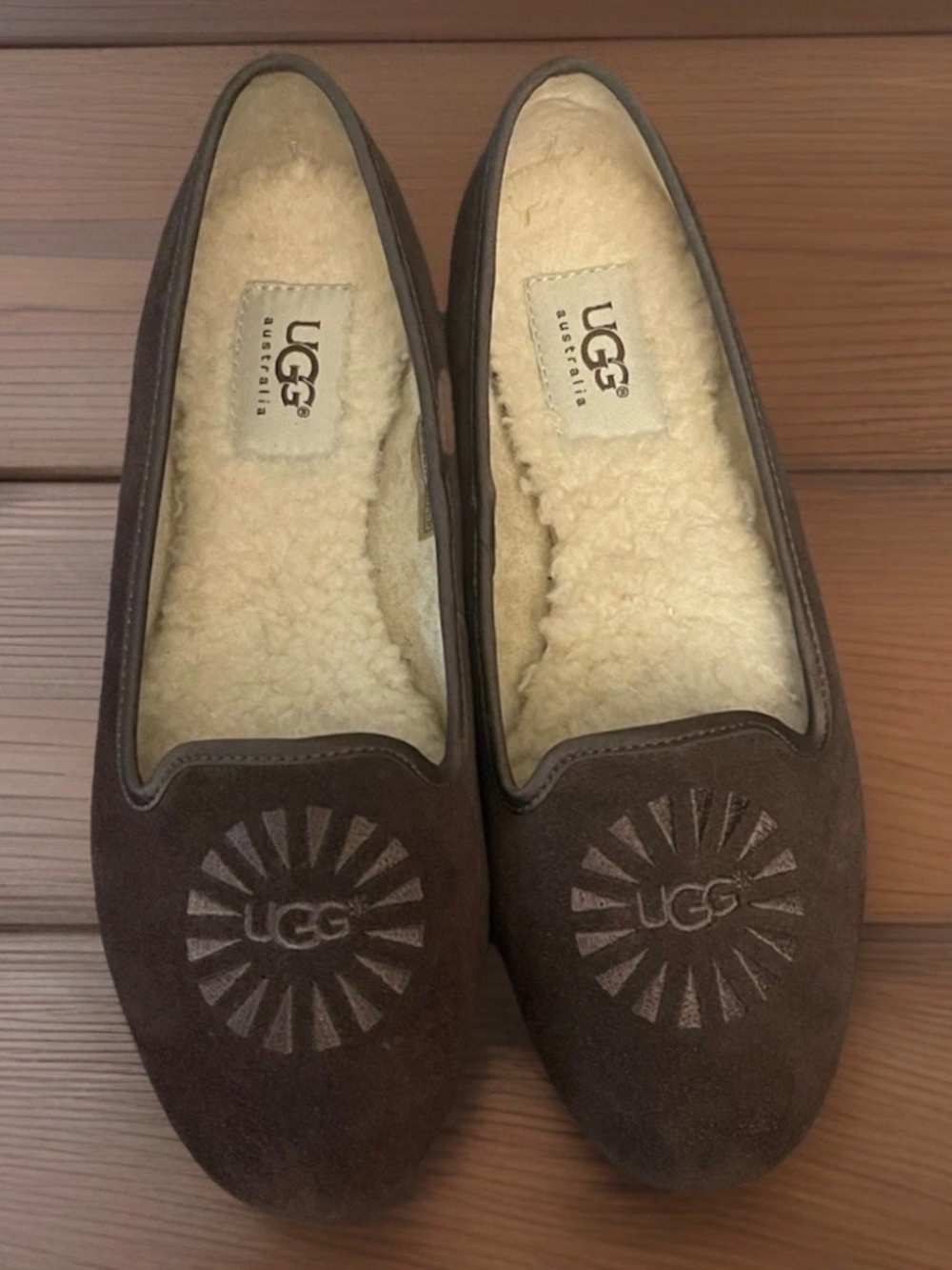 UGG Alloway Suede Brown Flats Ballet Slippers Womens Sz 6 House Shoes Shearling